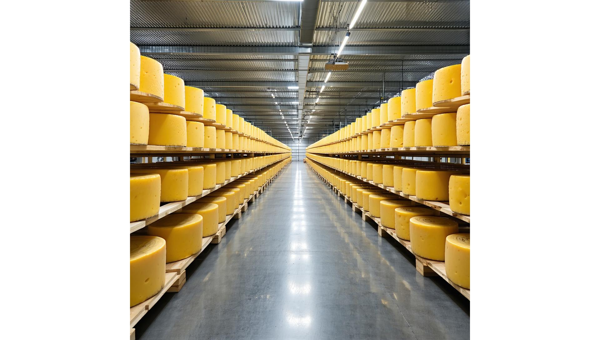 Moderne kaasproductiefaciliteit met rijpende Goudse kazen.
