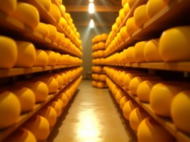 Grote wielen Goudse kaas in een pakhuis.