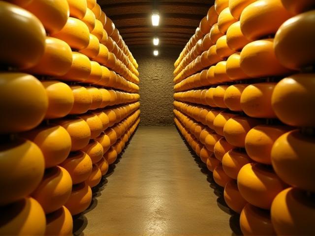 Grote stapels Goudse kazen rijpend in een traditionele kelder.