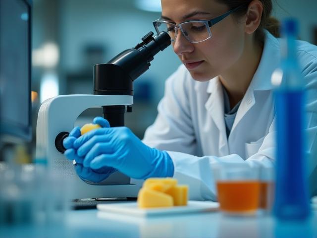 Wetenschapper die kaas analyseert in een laboratorium.